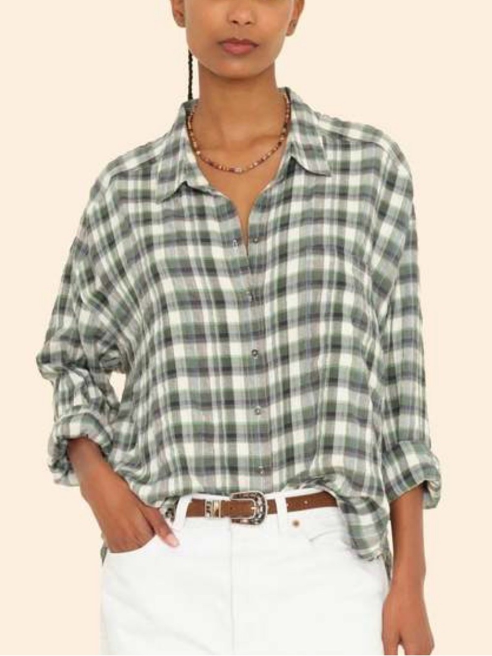 Xirena Jordy Green Brook Plaid Seersucker Button Down Shirt Oversized Small S